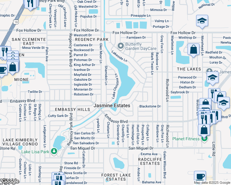 map of restaurants, bars, coffee shops, grocery stores, and more near 9434 Lake Christina Lane in Port Richey