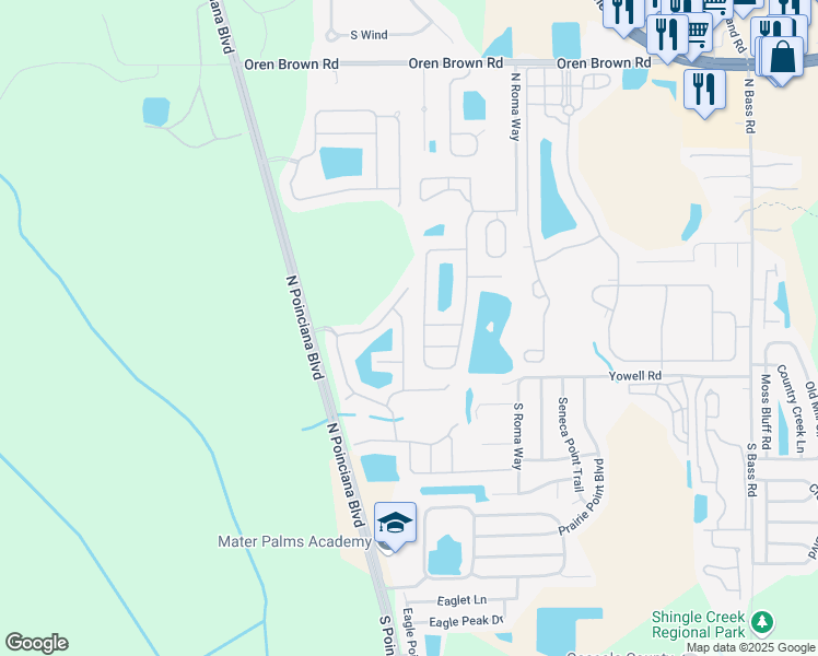 map of restaurants, bars, coffee shops, grocery stores, and more near 129 Pompano Beach Drive in Kissimmee