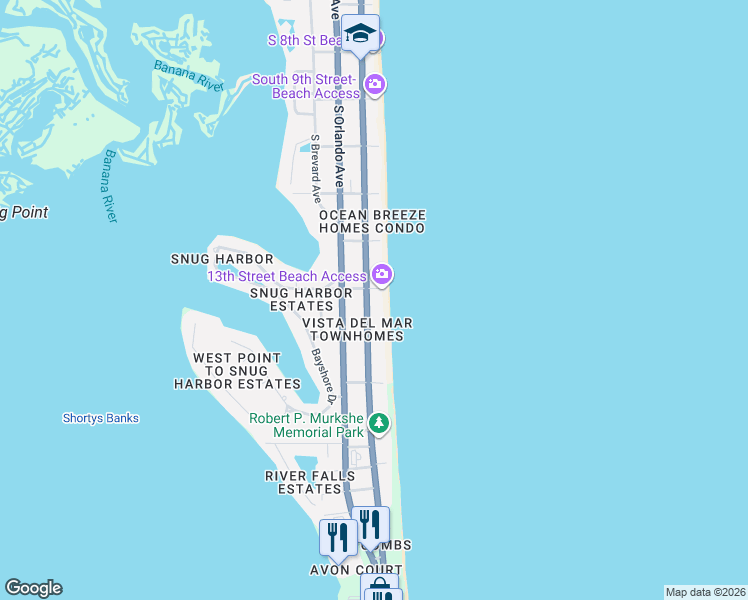 map of restaurants, bars, coffee shops, grocery stores, and more near 1340 Florida A1A in Cocoa Beach