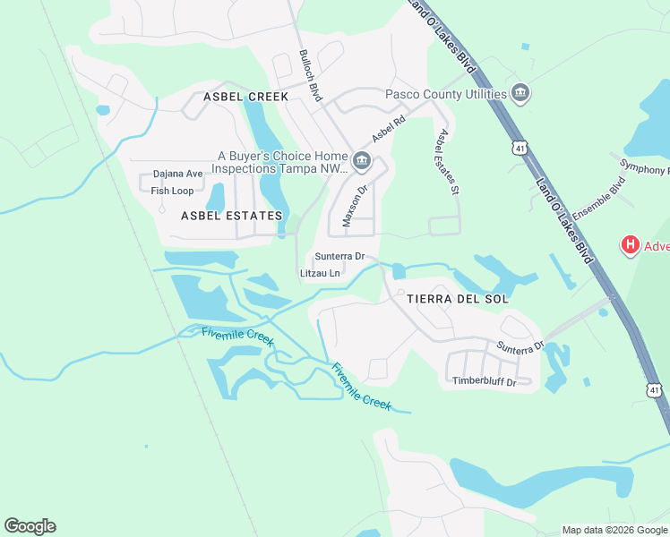 map of restaurants, bars, coffee shops, grocery stores, and more near 18833 Litzau Lane in Land O' Lakes