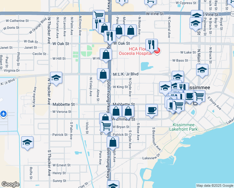 map of restaurants, bars, coffee shops, grocery stores, and more near 233 North John Young Parkway in Kissimmee