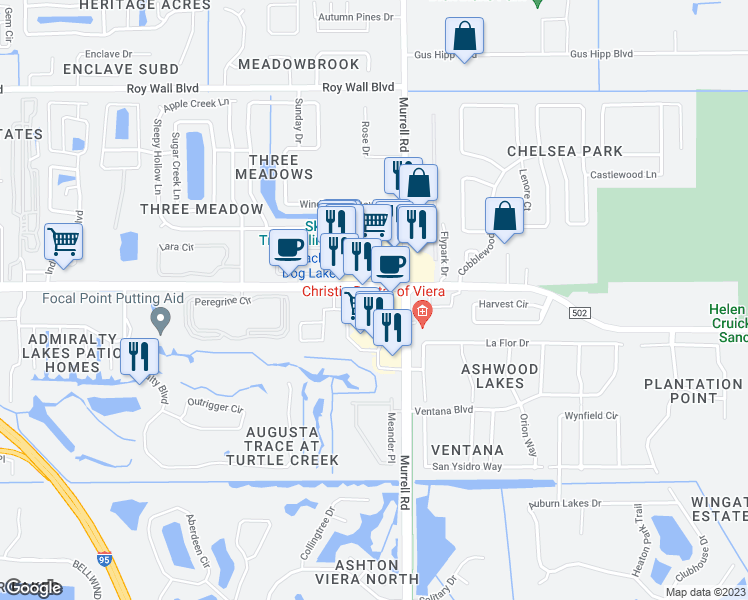 map of restaurants, bars, coffee shops, grocery stores, and more near 4066 Meander Place in Rockledge