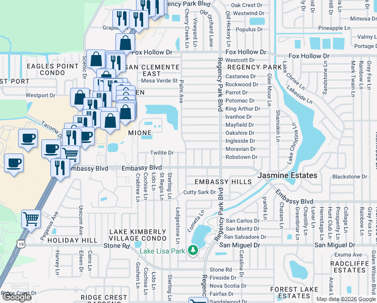 map of restaurants, bars, coffee shops, grocery stores, and more near 9426 Weeping Willow Lane in Port Richey