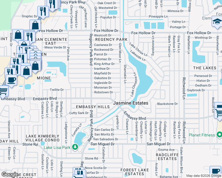map of restaurants, bars, coffee shops, grocery stores, and more near 7315 Robstown Drive in Port Richey