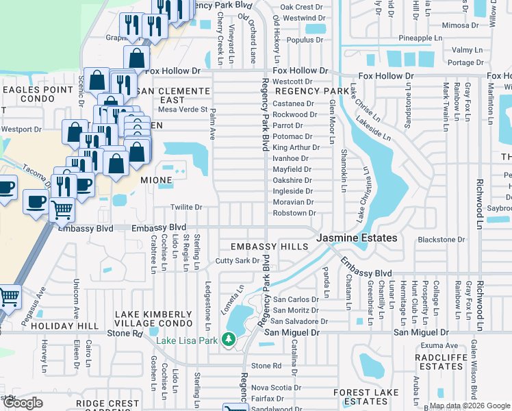 map of restaurants, bars, coffee shops, grocery stores, and more near 9426 Legend Lane in Port Richey