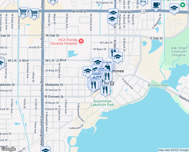 map of restaurants, bars, coffee shops, grocery stores, and more near 101 Church Street in Kissimmee