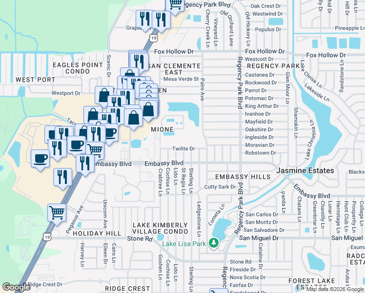 map of restaurants, bars, coffee shops, grocery stores, and more near 6841 Twilite Drive in Port Richey