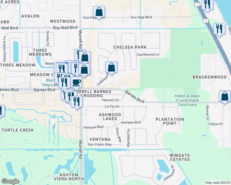 map of restaurants, bars, coffee shops, grocery stores, and more near 4290 Harvest Circle in Rockledge