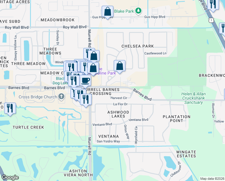 map of restaurants, bars, coffee shops, grocery stores, and more near 4115 Harvest Circle in Rockledge