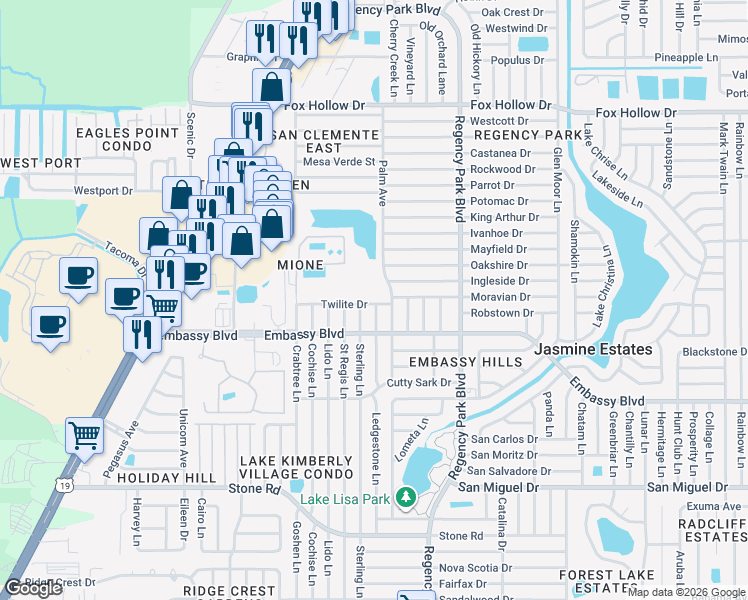 map of restaurants, bars, coffee shops, grocery stores, and more near 6931 Twilite Drive in Port Richey