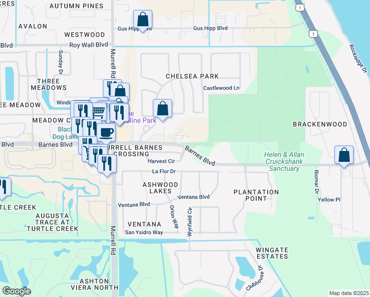 map of restaurants, bars, coffee shops, grocery stores, and more near 4305 Harvest Circle in Rockledge