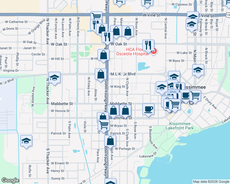 map of restaurants, bars, coffee shops, grocery stores, and more near 233 North John Young Parkway in Kissimmee