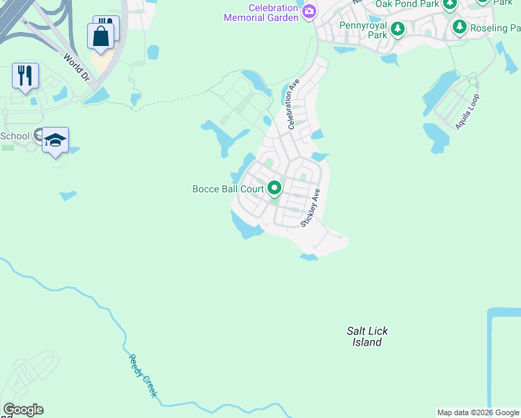 map of restaurants, bars, coffee shops, grocery stores, and more near 1454 Stickley Avenue in Celebration