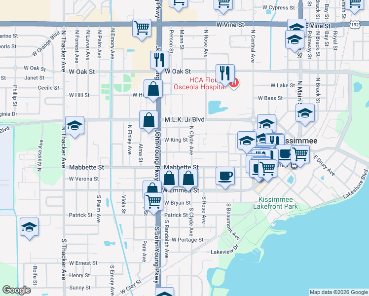map of restaurants, bars, coffee shops, grocery stores, and more near 918 West Sumner Street in Kissimmee