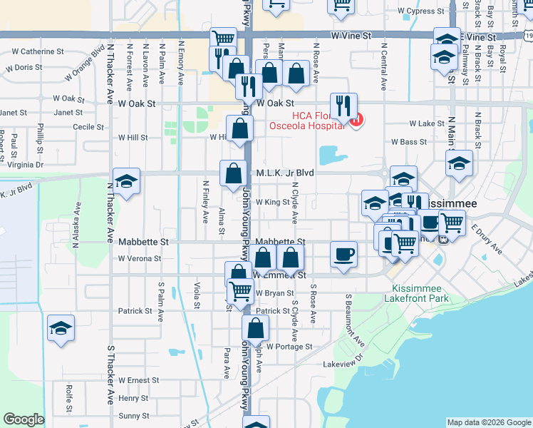 map of restaurants, bars, coffee shops, grocery stores, and more near 233 North John Young Parkway in Kissimmee