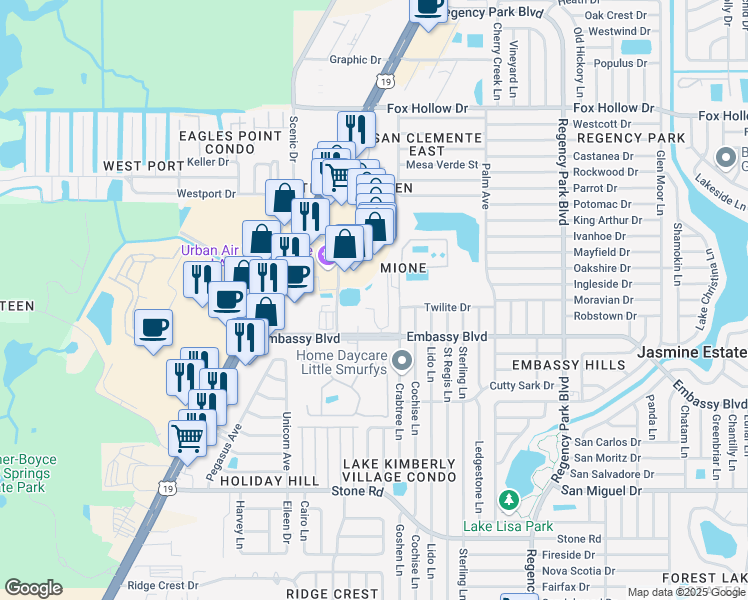 map of restaurants, bars, coffee shops, grocery stores, and more near 6647 Embassy Boulevard in Port Richey
