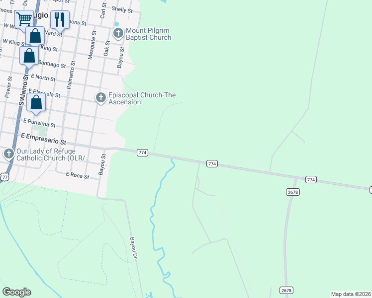 map of restaurants, bars, coffee shops, grocery stores, and more near 139 Farm to Market Road 774 in Refugio