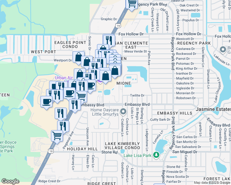 map of restaurants, bars, coffee shops, grocery stores, and more near 6711 Embassy Boulevard in Port Richey