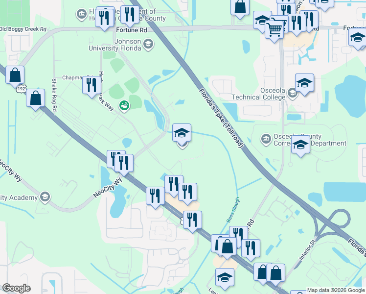 map of restaurants, bars, coffee shops, grocery stores, and more near 93 Panther Paws Trail in Kissimmee