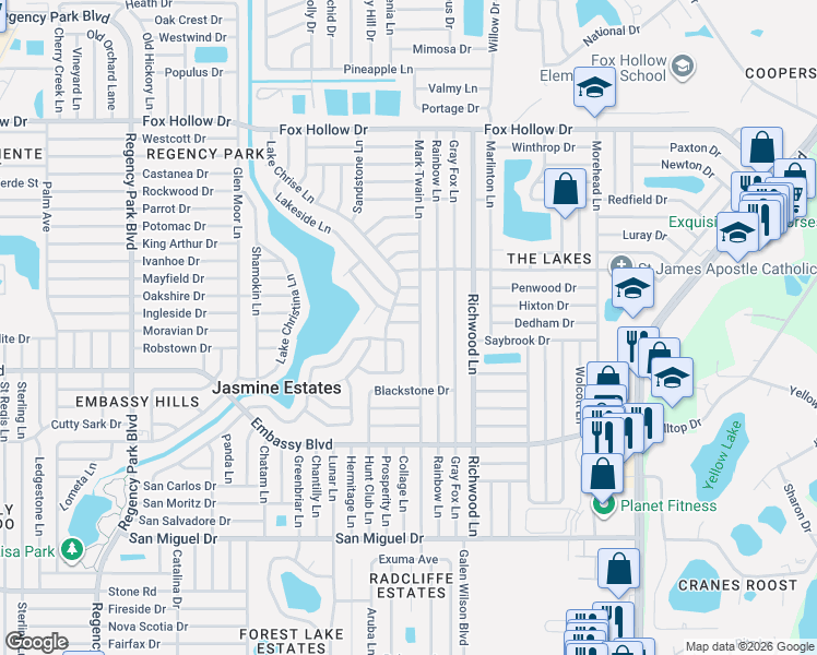 map of restaurants, bars, coffee shops, grocery stores, and more near 9425 Mark Twain Lane in Port Richey