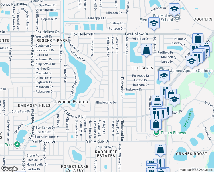 map of restaurants, bars, coffee shops, grocery stores, and more near 9425 Mark Twain Lane in Port Richey