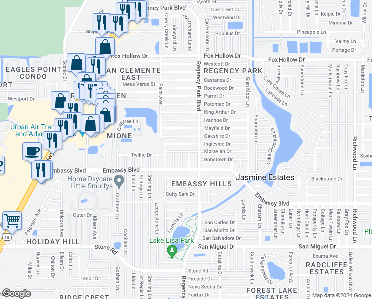 map of restaurants, bars, coffee shops, grocery stores, and more near 7115 Moravian Drive in Port Richey