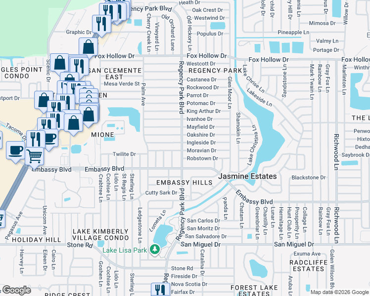 map of restaurants, bars, coffee shops, grocery stores, and more near 7225 Robstown Drive in Port Richey