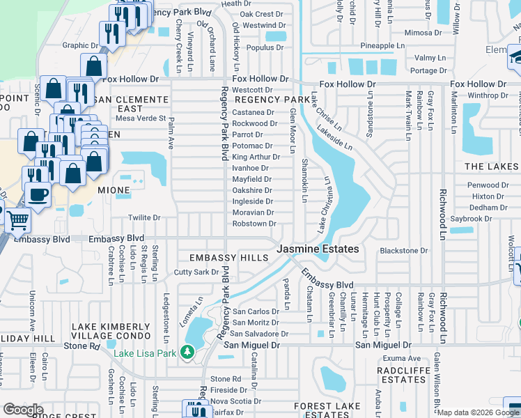map of restaurants, bars, coffee shops, grocery stores, and more near 7315 Robstown Drive in Port Richey