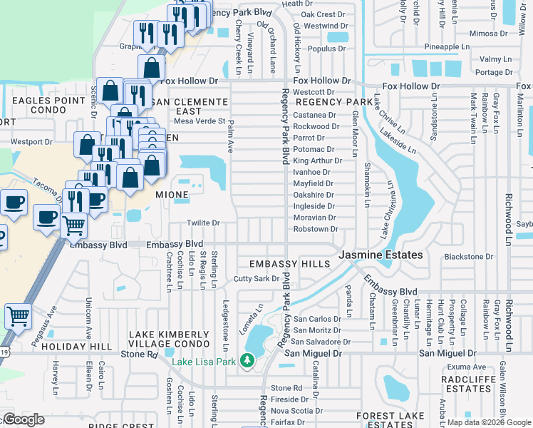 map of restaurants, bars, coffee shops, grocery stores, and more near 9426 Legend Lane in Port Richey