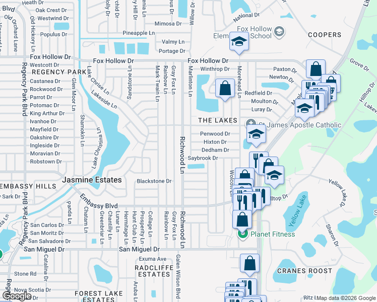 map of restaurants, bars, coffee shops, grocery stores, and more near 8034 Saybrook Drive in Port Richey