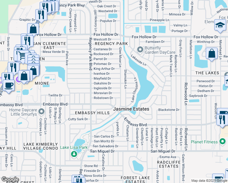 map of restaurants, bars, coffee shops, grocery stores, and more near 7401 Moravian Drive in Port Richey