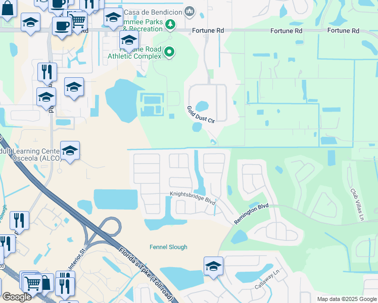 map of restaurants, bars, coffee shops, grocery stores, and more near 139 Thornbury Drive in Kissimmee