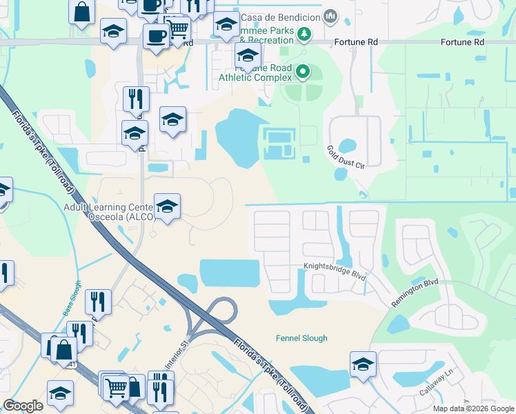 map of restaurants, bars, coffee shops, grocery stores, and more near 2405 Ruddenstone Way in Kissimmee