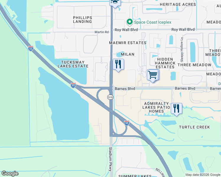 map of restaurants, bars, coffee shops, grocery stores, and more near S Fiske Blvd & Barnes Blvd in Rockledge