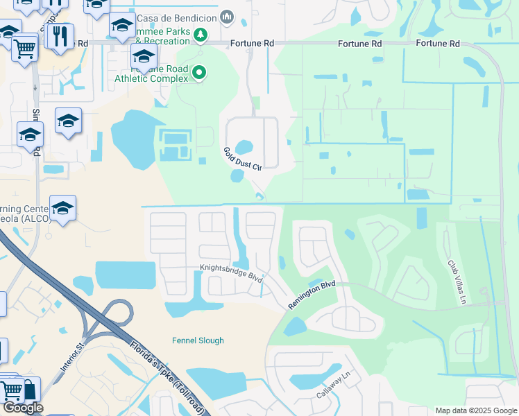 map of restaurants, bars, coffee shops, grocery stores, and more near 145 Southampton Drive in Kissimmee