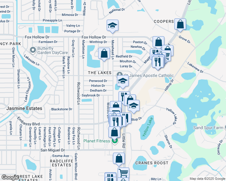 map of restaurants, bars, coffee shops, grocery stores, and more near 8298 Dedham Drive in Port Richey