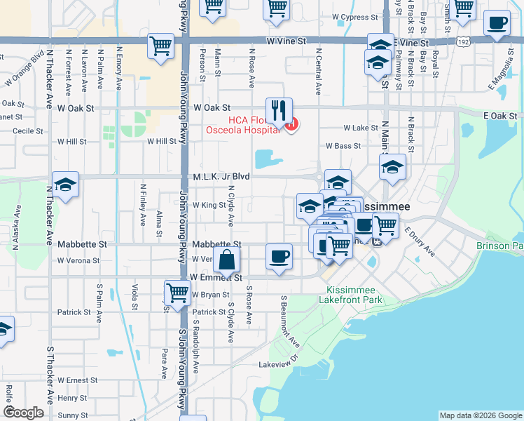 map of restaurants, bars, coffee shops, grocery stores, and more near 700 Aultman Street in Kissimmee