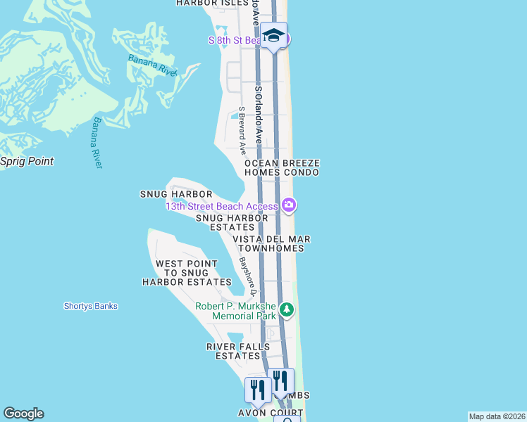map of restaurants, bars, coffee shops, grocery stores, and more near 1250 South Orlando Avenue in Cocoa Beach