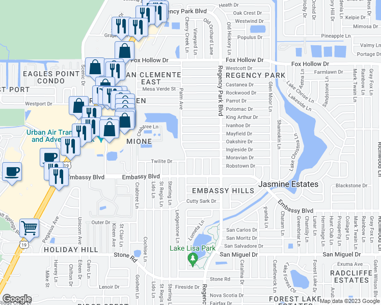 map of restaurants, bars, coffee shops, grocery stores, and more near 7020 Ingleside Drive in Port Richey