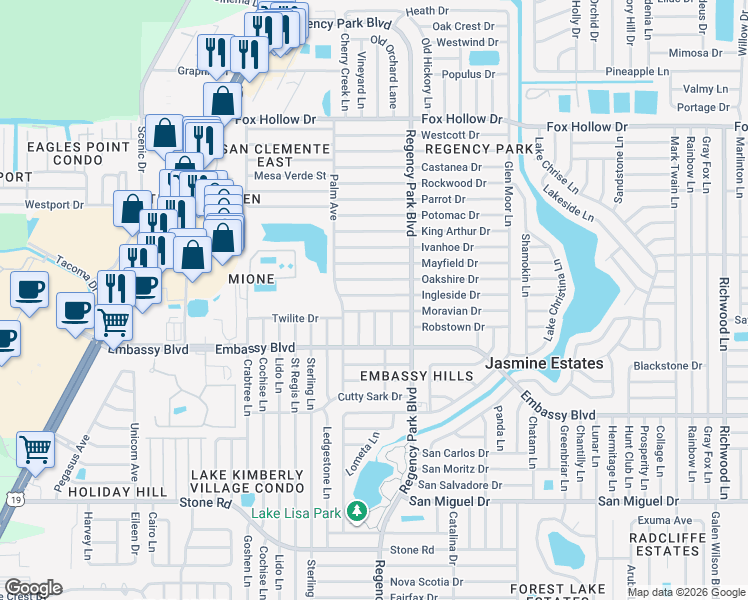map of restaurants, bars, coffee shops, grocery stores, and more near 7024 Oakshire Drive in Port Richey