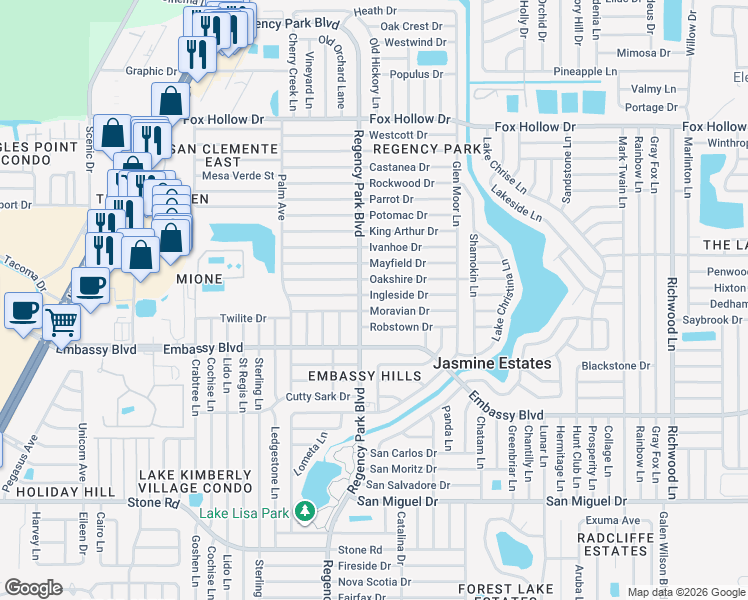 map of restaurants, bars, coffee shops, grocery stores, and more near 7220 Oakshire Drive in Port Richey