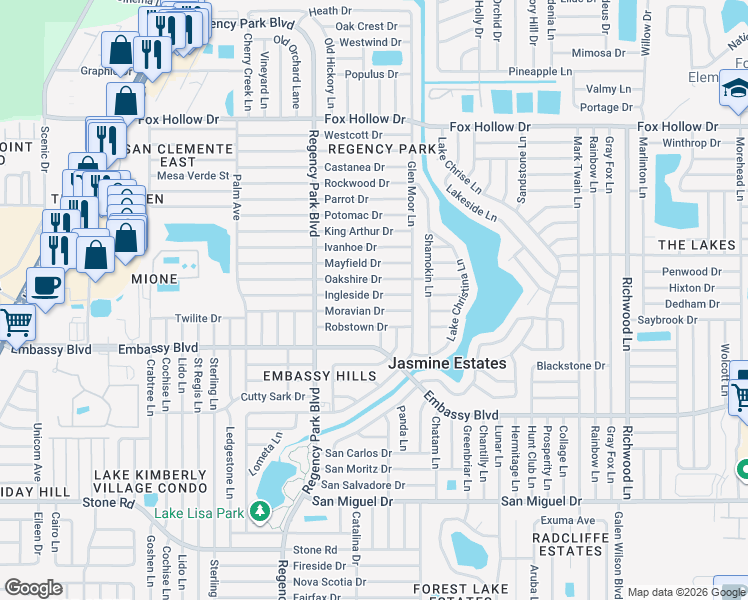 map of restaurants, bars, coffee shops, grocery stores, and more near 7320 Oakshire Drive in Port Richey