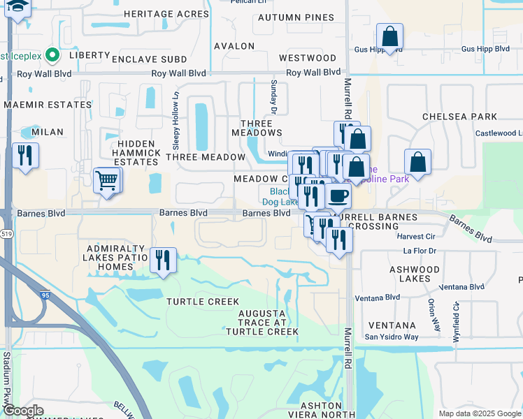 map of restaurants, bars, coffee shops, grocery stores, and more near 634 Barnes Boulevard in Rockledge