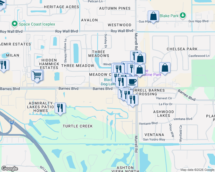 map of restaurants, bars, coffee shops, grocery stores, and more near 1260 Creek Side Circle in Rockledge