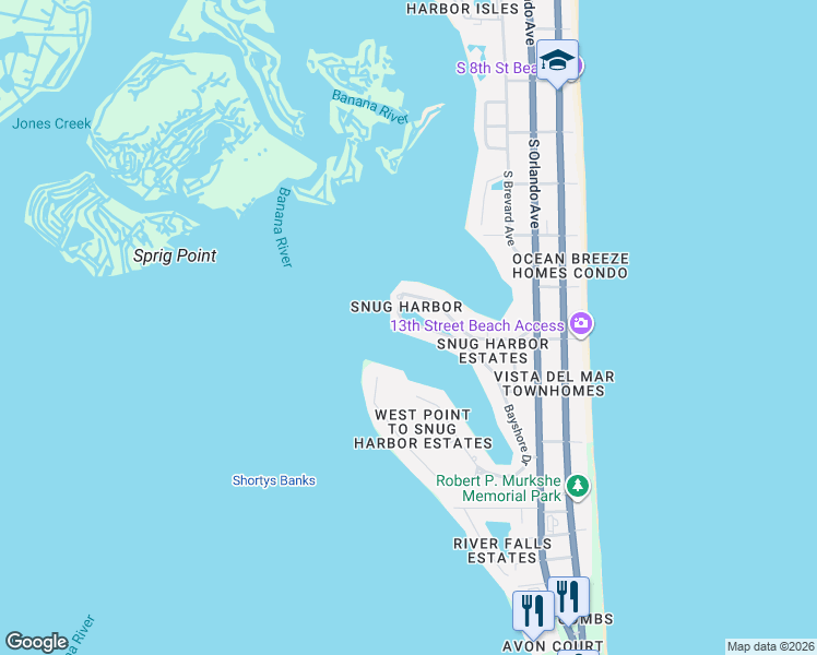 map of restaurants, bars, coffee shops, grocery stores, and more near 98 West Bay Drive in Cocoa Beach
