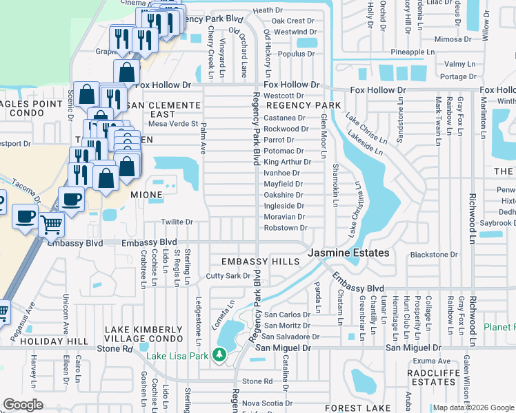 map of restaurants, bars, coffee shops, grocery stores, and more near 7201 Ingleside Drive in Port Richey