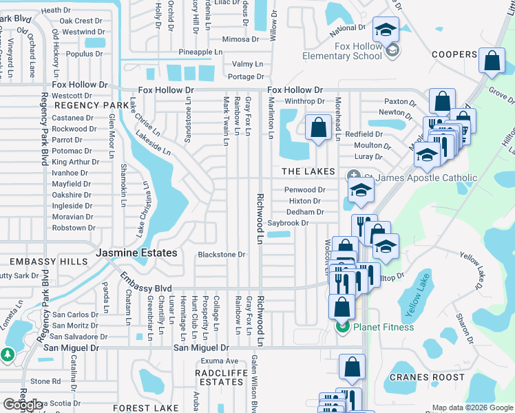 map of restaurants, bars, coffee shops, grocery stores, and more near 9521 Richwood Lane in Port Richey
