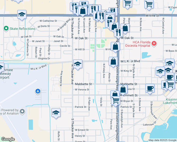 map of restaurants, bars, coffee shops, grocery stores, and more near 1701 West Mabbette Street in Kissimmee