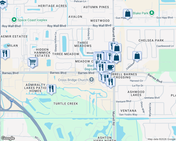 map of restaurants, bars, coffee shops, grocery stores, and more near 1275 Creek Side Circle in Rockledge