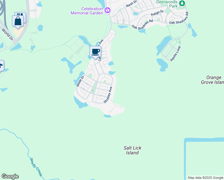 map of restaurants, bars, coffee shops, grocery stores, and more near 1423 Stickley Avenue in Celebration